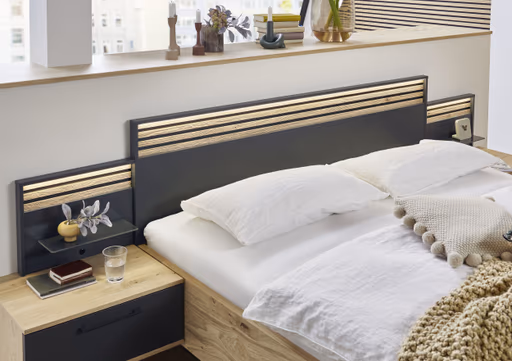 Schlafzimmer - Balkeneiche Lack Basalt, Bauchbinde Riffholz