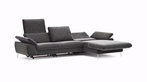 Ecksofa Gotera - 1,5-Sitzer med + 1,5-Sitzer med mit Longchair groß rechts inkl. Schlaffunktion (teilmotorisch), Armlehne klappbar, Rückenlehne verstellbar  und einmal Relaxfunktion (teilmotorisch), Stoff, Anthrazit