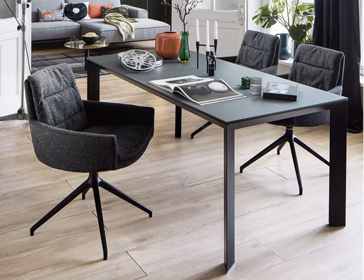 Armlehnstuhl Jukka - Stoff, Champagner, Stativ, Schwarz, Drehbar