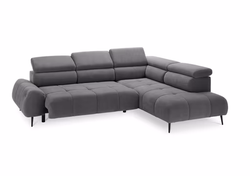 Ecksofa - 2-Sitzer mit Ecke rechts, Sitzvorzug motorisch, Kopfteil verstellbar, Stoff, Grau