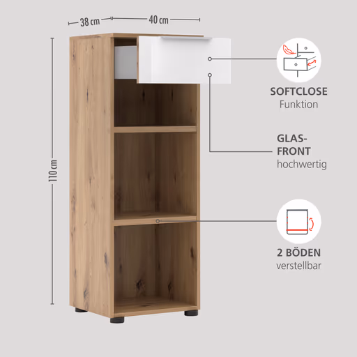 Büroregal - B ca. 40 cm, Artisan Eiche Nachbildung, Weiß