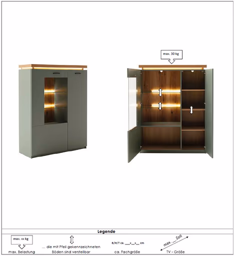 Highboard - mit Beleuchtung, B ca. 98 cm, Salbeigrün, Eiche Evoke Nachbildung