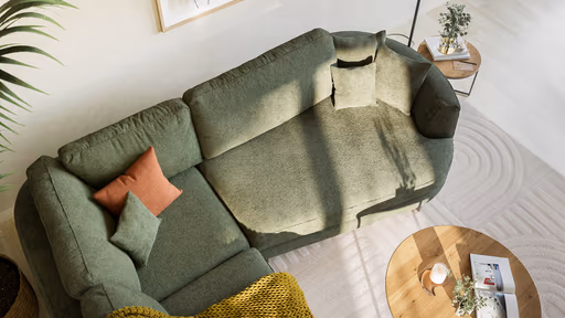 Ecksofa Solenne - Ottomane links mit Diwan rund rechts, Stoff, Olive