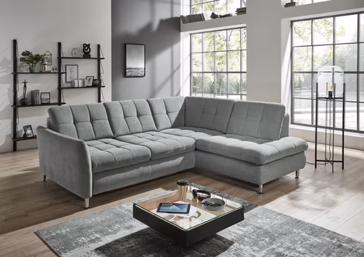 Ecksofa - 2,5-Sitzer mit Ecke rechts, Sitztiefe verstellbar (manuell), Chenilleflachgewebe, Eisengrau