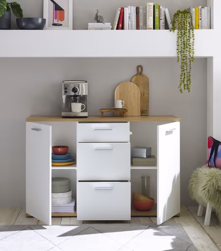 Kommode - B ca. 135 cm, Weiß, Artisan Eiche Nachbildung