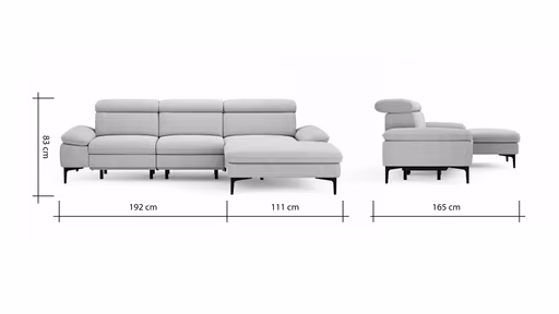 Ecksofa Felipa - 2,5-Sitzer mit Longchair rechts inkl. Armlehne verstellbar und Rückenlehne/Sitztiefe verstellbar (motorisch), Stoff, Grau