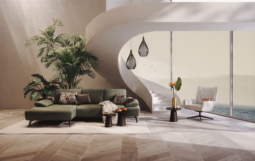 Ecksofa Theodor - Longchair links mit 2-Sitzer, Armlehne/Sitztiefe verstellbar, Stoff, Braungrün