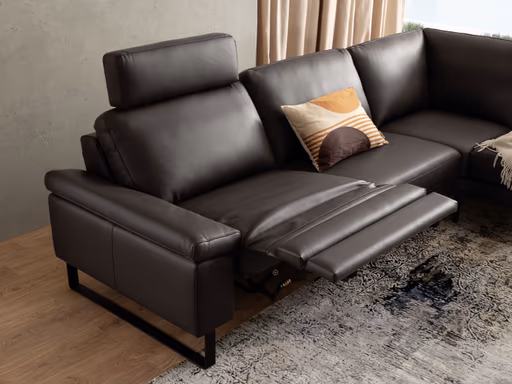 Ecksofa Enna - 3-Sitzer mit Ecke rechts inkl. motorischer Relaxfunktion, Leder, Mocca