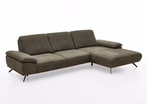 Ecksofa - 3-Sitzer mit Longchair rechts, Leder, Olive