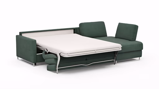 Ecksofa Nuoro - 2-Sitzer mit Longchair rechts inkl. Schlaffunktion und Bettkasten, Stoff, Dunkelgrün