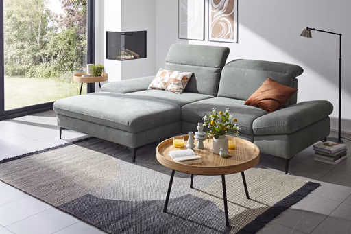 Ecksofa Alegria - Longchair links mit 1,5-Sitzer inkl. Kopfteil/ Armlehne/ Sitztiefe verstellbar, Stoff, Eisblau