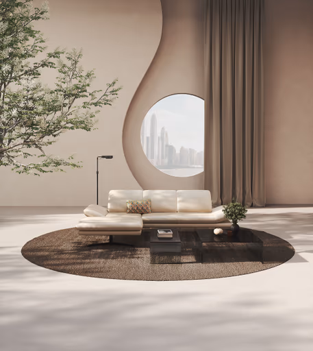 Ecksofa Hubertus - Longchair links mit 2-Sitzer, Armlehne verstellbar, Leder, Creme