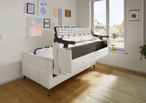 Schlafsofa Laredo - 2,5-Sitzer inkl. Schlaffunktion und Armlehne klappbar, Stoff, Offwhite