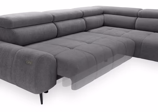 Ecksofa - 2-Sitzer mit Ecke rechts, Sitzvorzug motorisch, Kopfteil verstellbar, Stoff, Grau