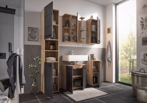 Hochschrank- B ca. 34 cm, Vintage Holz, Schwarz, Matt, Tiefzieh