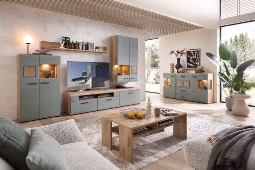 Sideboard - B ca. 170 cm, mit Beleuchtung, Schilfgrün, Viking Eiche Nachbildung