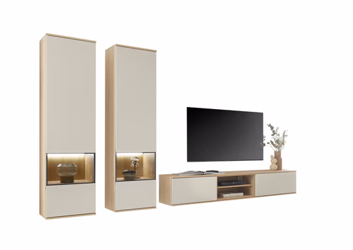 Wohnwand EM Gradina - mit Beleuchtung, Risseiche, Sandbeige