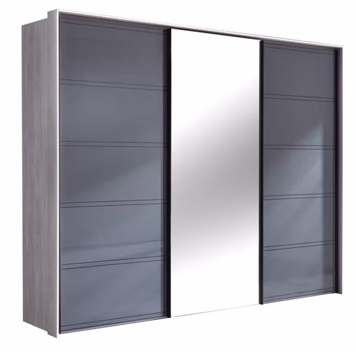 Schwebetürenschrank 3-türig EM Arango - mit Passepartout und Beleuchtung, B. ca. 298 cm, Dekor Eiche grau, Anthrazitglas, Kristallspiegel
