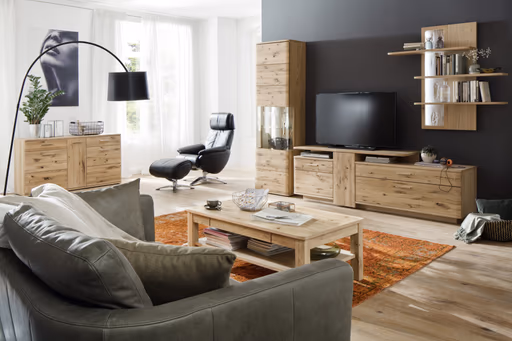 Wohnwand - mit Beleuchtung, Eiche teilmassiv