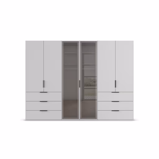 Drehtürenschrank - B. ca. 300 cm, Seidengrau Dekor, Glasrahmentüren Schwarz