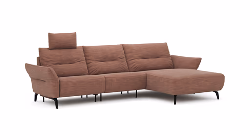 Ecksofa Bahia - 2,5-Sitzer mit Longchair rechts inkl. Kopfteil/ Armlehne verstellbar und Relaxfunktion/ Longchair (motorisch), Stoff, Kupfer