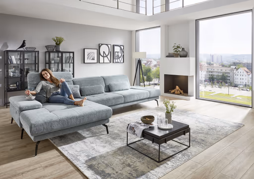 Ecksofa - Longchair links mit 3-Sitzer, Kopfteil verstellbar, Stoff, Hellblau