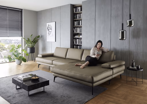 Ecksofa - 3-Sitzer mit Longchair rechts, Leder, Dunkelgrün