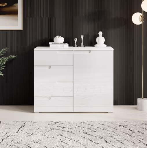 Kommode - B ca. 100 cm, Weiß, Weiß Hochglanz