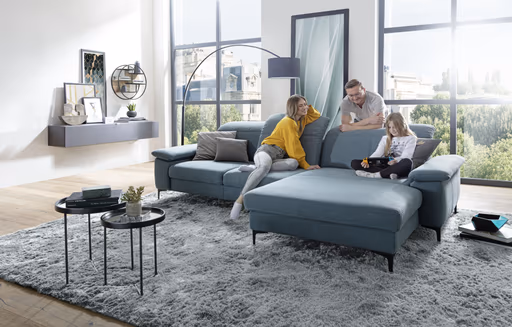 Polstergarnitur EM Brüssel - 2,5-Sitzer mit Longchair rechts inkl. Kopfteil und Sitztiefe verstellbar, Stoff, Petrol