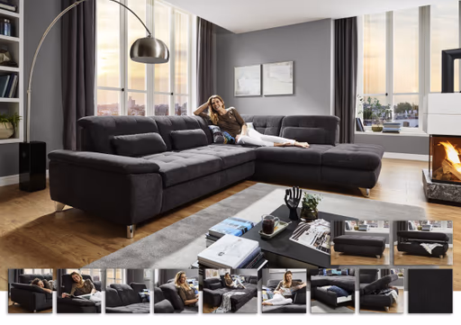 Ecksofa - 3-Sitzer mit Ecke rechts, Sitztiefe verstellbar, Stoff, Schwarz