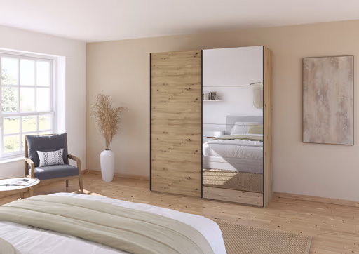 Schwebetürenschrank ROVERO- B ca. 181 cm,  Eiche Dekor, Spiegel