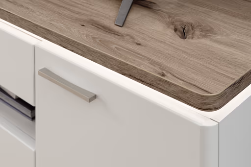 Wohnwand mit Beleuchtung - Weiß, Absetzung Eiche