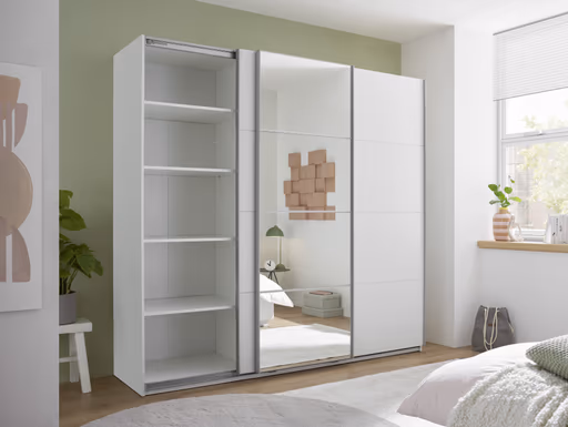 Schwebetürenschrank- B ca. 215 cm, Weiß, Spiegel