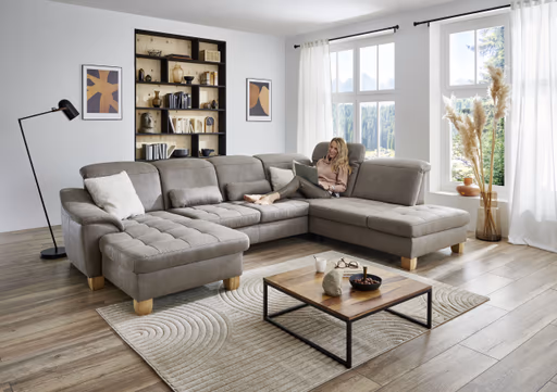 Wohnlandschaft - Longchair links mit 2,5-Sitzer und Ecke rechts, Kopfteil verstellbar, Stoff, Platin