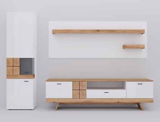 TV-Lowboard - B ca. 216 cm, Alpinweiß, Coast Evoke Eiche Nachbildung, Weiß Hochglanz