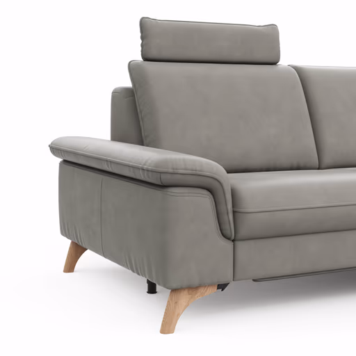 Ecksofa Tulsa KS - 2,5-Sitzer, Spitzecke und 1,5-Sitzer mit Anstellhocker aufklappbar rechts,  inkl. Kopfstütze, AL verstellbar und Schlaffunktion, Leder, Graubeige
