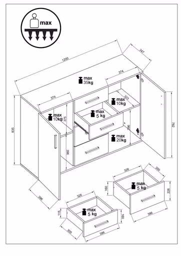 Kommode - B ca. 120 cm, Eiche Evoke Nachbildung, Weiß