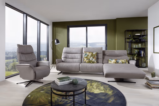 Ecksofa - 3-Sitzer mit Longchair rechts, Relaxfunktion motorisch, Leder, Eisengrau