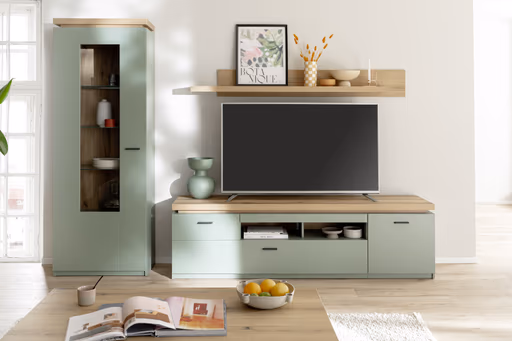 TV-Lowboard - mit Beleuchtung, B ca. 195 cm, Salbeigrün, Eiche Evoke Nachbildung