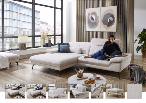  Ecksofa - Longchair links mit 1,5-Sitzer, Kopfteil verstellbar, Stoff, Ecru