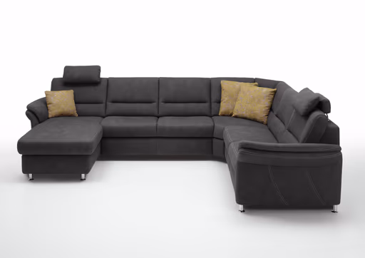 Wohnlandschaft - Longchair links mit 2,5-Sitzer und Ecke rechts inkl. 2 Premiumkopfstützen in Stoff Dunkelgrau