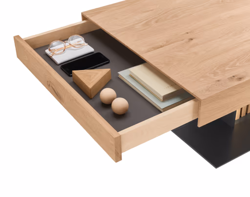 Couchtisch - mit Schublade und Beleuchtung, LBH 120x70x45 cm, Birke massiv, Anthrazit lackiert, Applikation Kerneiche Natur