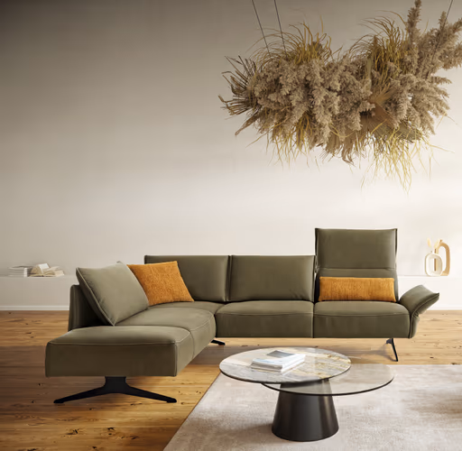 Ecksofa - Ecke links mit 2,5-Sitzer rechts, Rückenlehne/Armlehne verstellbar, Leder, Olive