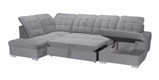 Wohnlandschaft - Ecke links, 2-Sitzer, Longchair rechts inkl. Schlaffunktion und Bettkasten, verstellbare Kopfstützen, Stoff, Grau