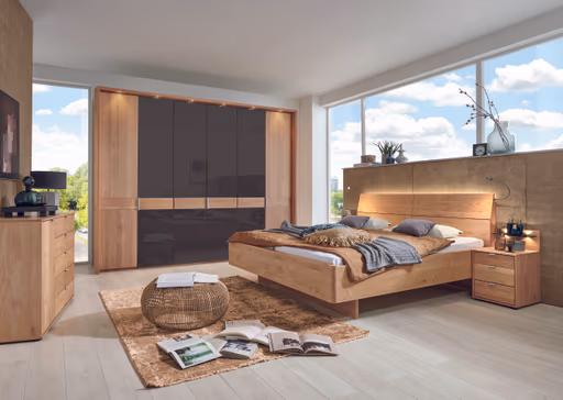 Drehtürenschrank - inkl. Passepartout-Rahmen und Beleuchtung, B. ca. 306,4 cm, Erle teilmassiv, Glas Mocca