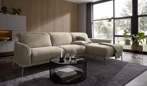 Ecksofa Amadena - 2-Sitzer mit Longchair rechts inkl. Kopfteilverstellung, Stoff, Limone