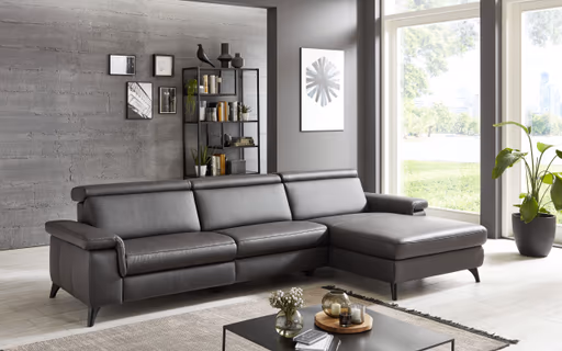 Ecksofa - 2-Sitzer mit Longchair rechts, Leder, Anthrazit