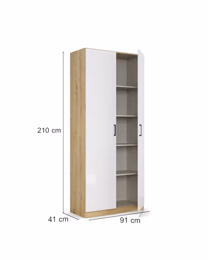 Drehtürenschrank RHONDA- B ca. 91 cm, Eiche Dekor, Weiß, Hochglanz