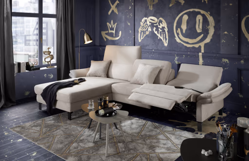 Ecksofa CALM PREMIUM 2.0 - Longchair links mit 3-Sitzer, Relaxfunktion motorisch, Armlehne verstellbar, Stoff, Sand