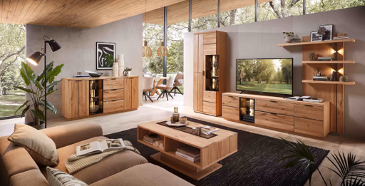 Wohnwand - mit Beleuchtung, Wildeiche teilmassiv